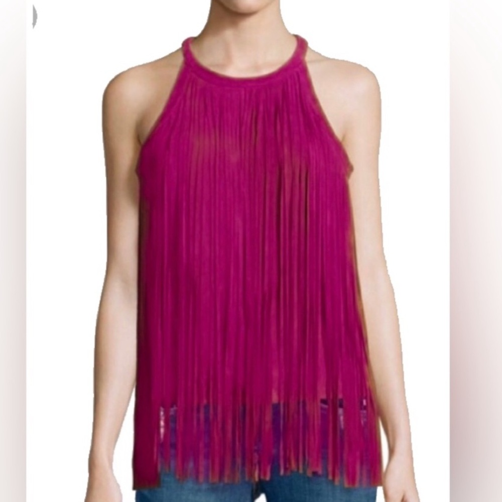 Bagatelle | Pink Suede Fringe Chic Top, Genuine Leather